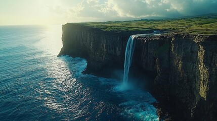 A dramatic cliffside waterfall plunging into the ocean