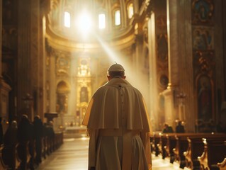 The pope walking gracefully through the church  a symbol of faith, reverence, and hope