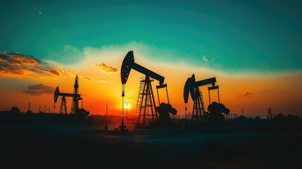 Silhouette oil pumps on an oil field, an oil drilling rig against the sky during sunset, oil prices