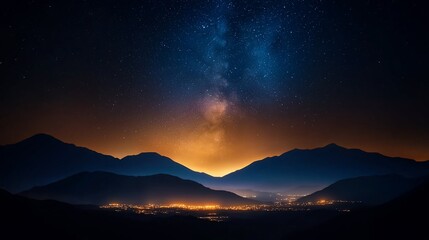 Fototapeta premium Majestic Milky Way galaxy over silhouetted mountains and a glowing valley at night.