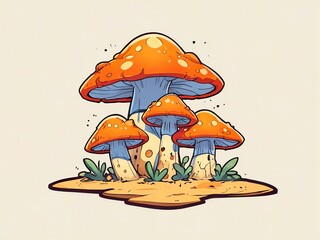 Enchanted Mushroom Family: A whimsical illustration of four vibrant mushrooms nestled in a patch of grass, evoking a sense of fantasy and wonder.