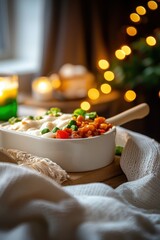 Cozy and Delicious Comfort Food Presentation with Colorful Vegetables and Creamy Sauce, Perfect for a Warm Gathering or Holiday Celebration
