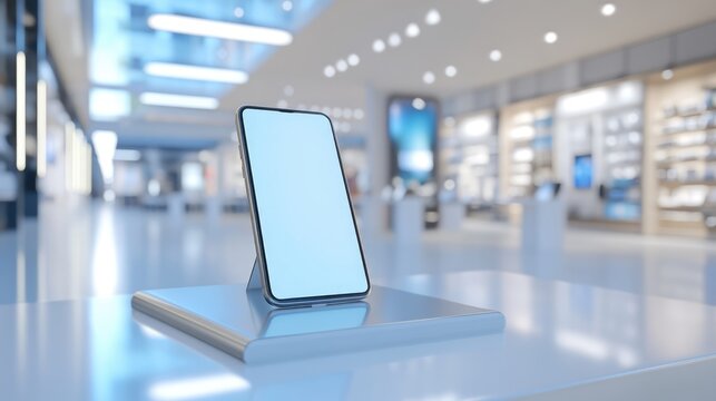 Smartphone mockup in retail store. Modern smartphone mockup on a table in a bright retail store setting. Perfect for showcasing your app or website design.