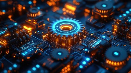 Interconnected Gears and Circuitry in a Futuristic Mechanical Landscape Representing Technology and Business Synergy