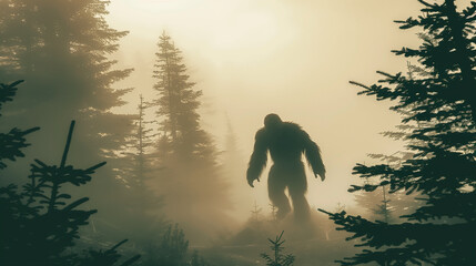 Mysterious Sasquatch Silhouette in Foggy Forest with Towering Trees and Soft Natural Light....