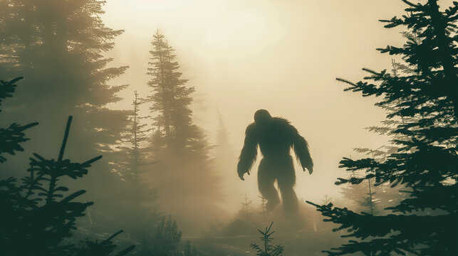 Mysterious Sasquatch Silhouette in Foggy Forest with Towering Trees and Soft Natural Light. Enigmatic Wildlife Encounter in Dense Woodland Setting.
