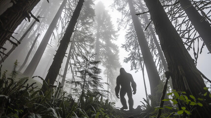 Mysterious Sasquatch Silhouette in Foggy Forest with Towering Trees and Soft Natural Light....