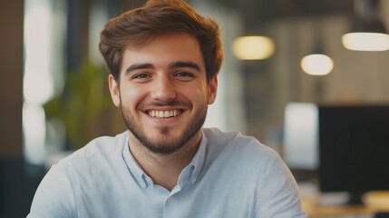 Obraz premium Smiling young business man having video call in office.