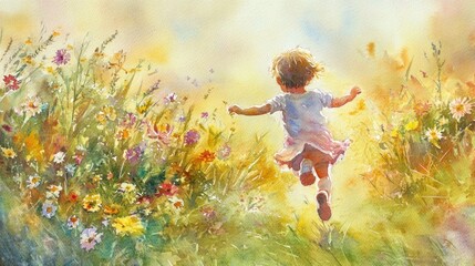 Child Running Through a Vibrant Wildflower Field