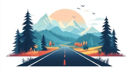 Fototapeta premium Scenic road winding through autumnal landscape towards majestic mountains at sunset.