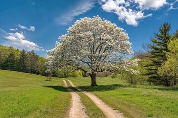 Obraz premium A photograph of an apple tree in full bloom, standing alone on the edge of a green, grassy field with a dirt road leading to it. The blue sky above, with trees and a forest in the background, captured