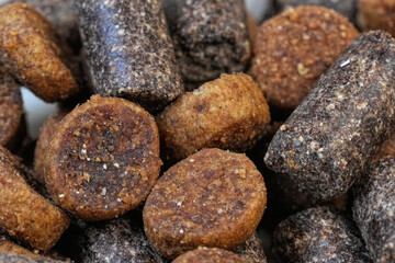 Assorted variety of Pet dog Food Pellets Close-Up