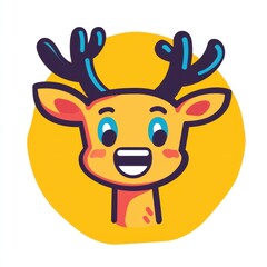 Fototapeta premium Cute and Colorful Cartoon Deer Character with Antlers on a Bright Yellow Background, Perfect for Children's Illustrations and Playful Designs