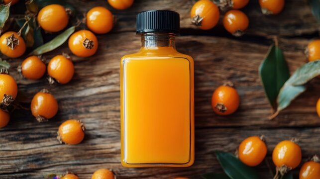 Vibrant orange elixir surrounded by golden berries on a rustic wooden surface captures the essence of nature's bounty in autumn