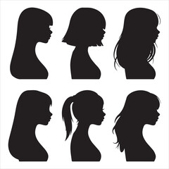set of women head, women silhouette, women in different posing, 	
