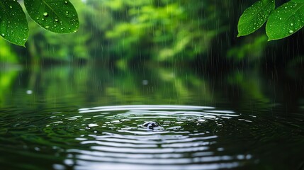 Rain droplets collecting on a still pond surrounded by lush greenery, nature s rhythm displayed, patience, waiting, stability