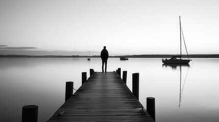 Fototapeta premium Figure standing on a dock at twilight, watching the slow arrival of a distant boat, tranquil and expectant, patience, waiting, stability