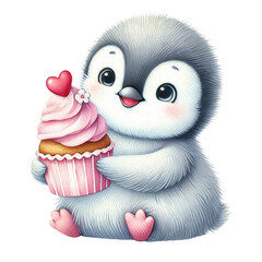 Watercolor Penguin, Cute Valentine&rsquo;s Day Art Featuring a Penguin Holding a Pink Heart-Decorated Cupcake
