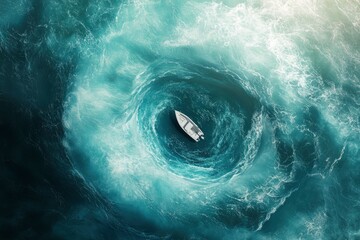 A small white boat anchored in the center of a large, swirling whirlpool of turquoise and azure ocean water, aerial view during a summer day with sunlight glimmering on the surface., high detail