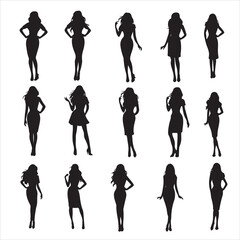 set of women head, women silhouette, women in different posing, 	