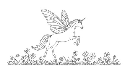 Obraz premium Adorable fantasy unicorn horse with wings. Black and white coloring page for children.