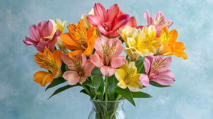 vibrant bouquet of alstroemeria flowers in shades of pink, orange, and yellow, creating cheerful atmosphere
