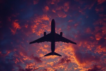 Airbus airplane soaring through sunset sky with blank banner for travel and cargo promotion