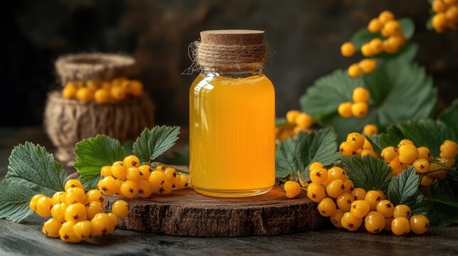 Golden elixir of nature captured in a rustic display with vibrant yellow berries and fresh green leaves