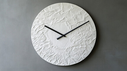 A close view of a white clock with slim black hands, mounted on a plain gray wall.