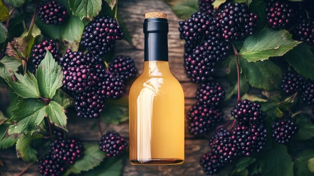 Golden elixir among ripe blackberries on rustic wood inviting taste and celebration of nature's bounty