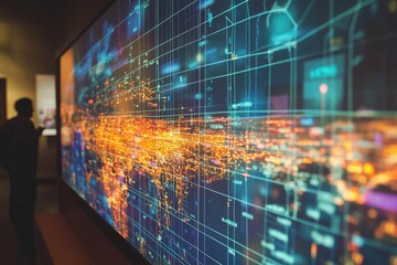 Fototapeta premium Large screen displays glowing city map data.