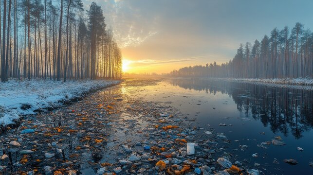 A serene winter landscape marred by pollution along a river at sunset.