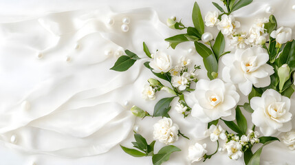Fototapeta premium Elegant white flowers arranged with silk ribbons and pearls create romantic flat lay