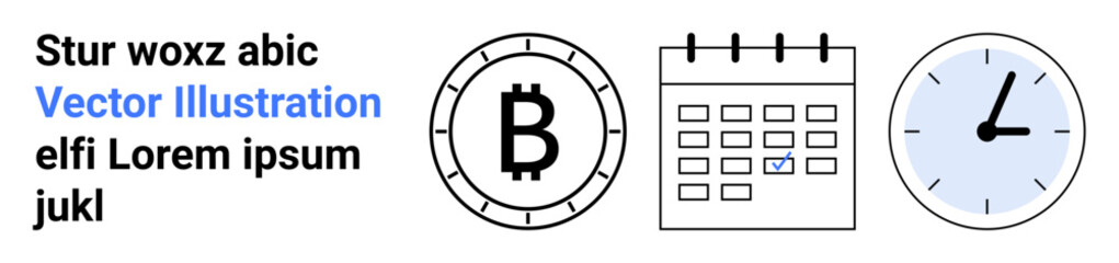 Bitcoin symbol, calendar, and clock emphasizing financial planning, cryptocurrency, scheduling, and time management. Ideal for finance websites, time management tools, cryptocurrency apps, financial