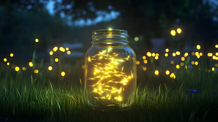 A clear glass jar filled with glowing fireflies in the middle of a dark, grassy field