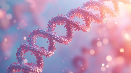Fototapeta premium 3D DNA helix structure on a light blue gradient background, glowing particles, and volumetric lighting, illustrating a detailed genetic concept in molecular biology.