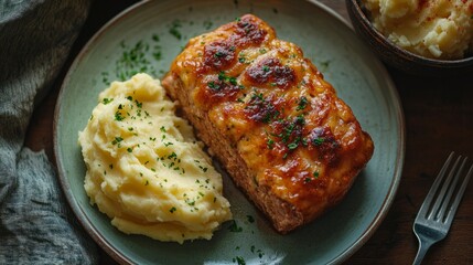 A delicious homemade meatloaf topped with glaze and fresh herbs, served with creamy mashed potatoes on a rustic wooden table.  
