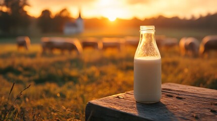 Fresh milk bottle on a rustic wooden table with a dairy farm landscape, grazing Holstein cow, and golden sunset, evoking a nostalgic, pastoral farm-to-table atmosphere.