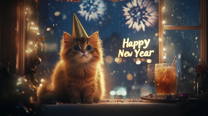 Festive Cat Welcoming the New Year by the Window
