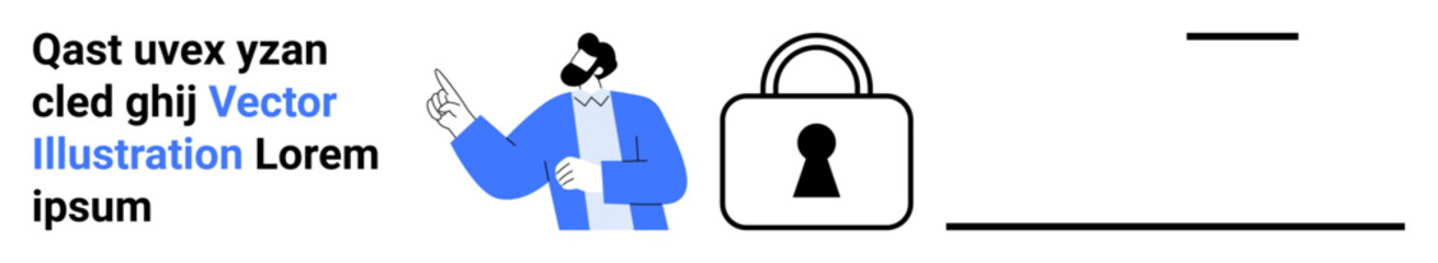 Business professional pointing at security lock symbolizes data protection. Ideal for cybersecurity, data privacy, secure communication, online safety, information protection, tech security, and IT