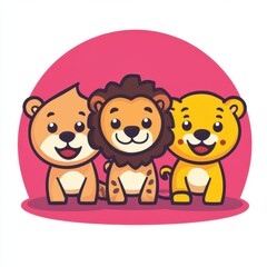 Colorful Cartoon Animal Friends Illustration Featuring a Bear, Lion, and Tiger with a Pink Background for Children’s Media and Educational Use