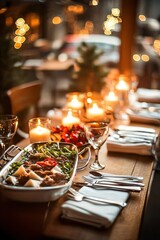 Cozy Restaurant Table Set with Gourmet Food Surrounded by Soft Candlelight, Perfect for Romantic Dinner or Special Celebration in an Intimate Setting