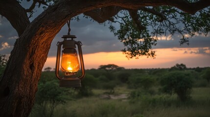 Lantern Hanging from Tree Branch at Rustic Campsite