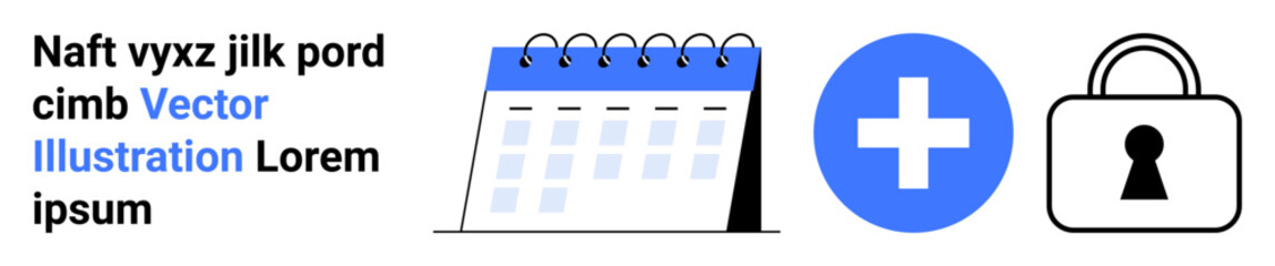 Obraz premium Calendar with spiral binding, blue medical cross inside circle, closed padlock for security. Ideal for healthcare, scheduling, medical appointments, security, data privacy, organization planning