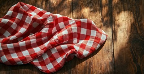 Obraz premium Top View of Rustic Red and White Checkered Tablecloth on Wooden Surface for Food Concept and Kitchen Use