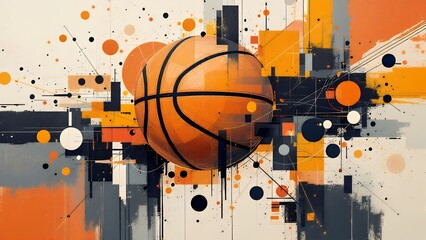 Basketball ball on abstract background. Vintage style art piece drawing illustration.