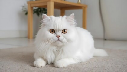 a white persian cat, The adorable white Persian cat is in the living room at home. Pet Animal Concept.