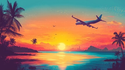 A travel agency promotional poster with exotic destinations and airplanes in vibrant colors