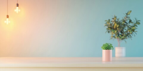 Fototapeta premium A minimalistic workspace with plants and warm lighting for a serene atmosphere.