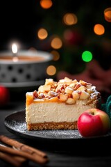 Delicious Slice of Cheesecake Topped with Caramelized Apples and Nuts Perfect for Fall Celebrations, Surrounded by Warm Candlelight and Festive Atmosphere